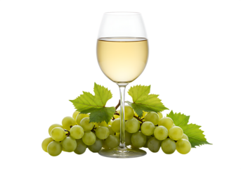 Elegant composition of white wine glass with fresh green grapes and leaves Isolated on transparent background