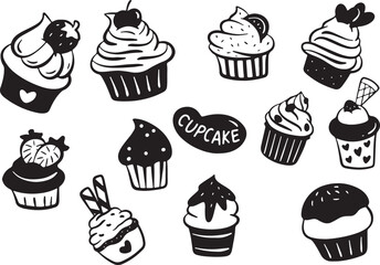 Cupcake and Muffin Doodle Vector | Hand-Drawn Sweet Dessert Icons, Bakery Treat Illustration Pack

