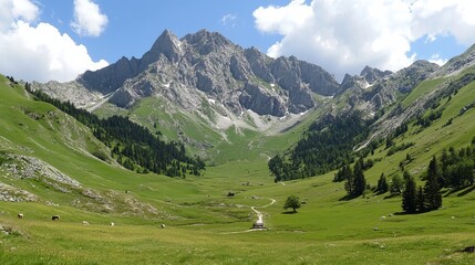 Naklejka premium Serene mountain valley scene; lush green pastures, scattered trees, a winding path leading towards imposing grey peaks under a bright sky