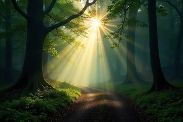 Magical Misty Morning in the Lake District Sunlight Dapples Ancient Trees, Creating a Tranquil Woodland Scene Perfect for Nature Lovers and Travel Enthusiasts