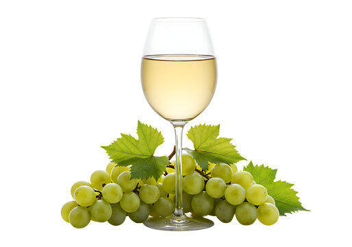 Elegant composition of white wine glass with fresh green grapes and leaves Isolated on transparent background