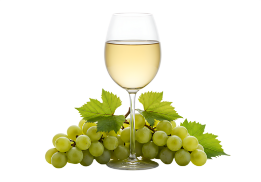 Elegant composition of white wine glass with fresh green grapes and leaves Isolated on transparent background
