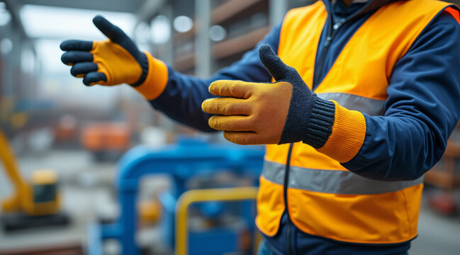 Construction Worker with Safety Gloves and Vest Gesturing in Industrial Setting