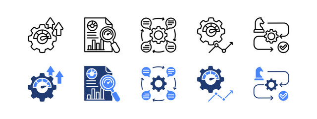 Productivity management icon set with Efficiency, KPI, Feedback, Performance metrics, Strategic roadmap.