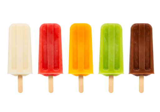 Five assorted flavor popsicles cooling Isolated on transparent background refreshing summer treats