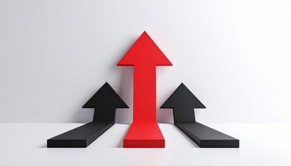 3d red arrow leading two black arrows isolated on white background,  competitive advantage, compete, divergent, leadership, different, increase, profit, business growth, winner, progress