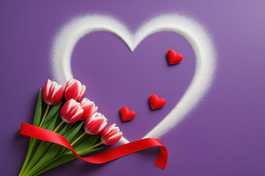 Tulips and Hearts on Purple A Sweet Arrangement of Flowers and Shapes for a Tender Expression