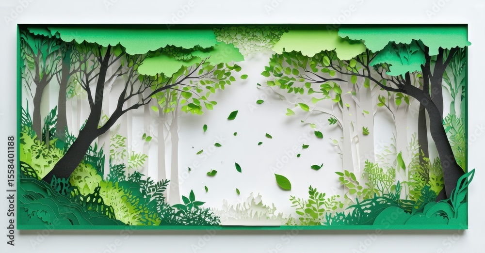 Poster papercraft forest scene. layers create depth, showcasing trees, foliage, light filtering through bra