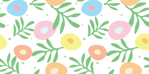 Seamless pattern with abstract simple flowers and leaves. Decorative nature print. Vector flat graphics.