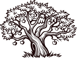 Fototapeta premium Hand drawn apple tree with ripe fruit and twisted branches isolated on white background illustration