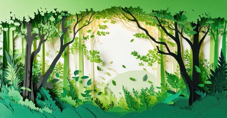 Papercraft forest scene. Lush greenery, layered trees create depth. Bright center suggests sunlight, peaceful nature setting.