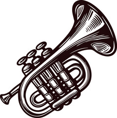 Hand drawn vintage trumpet illustration with detailed engraved lines isolated on white background