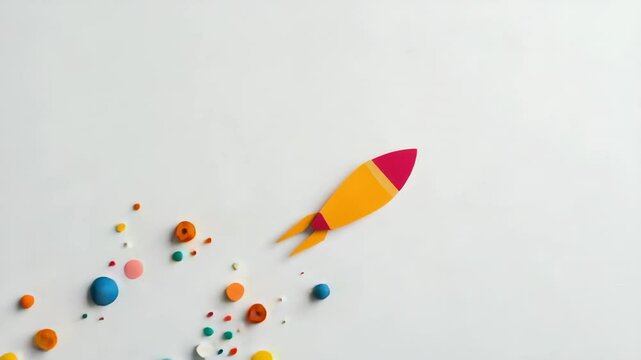 Creative arrangement of a paper rocket soaring through a vibrant, handcrafted cosmos, symbolizing imagination, exploration, and the pursuit of dreams