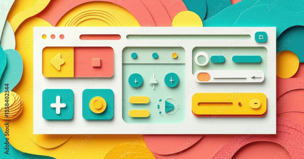 Poster colorful paper layers form interface elements. buttons, sliders, controls suggest digital design, us
