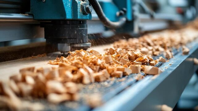 Woodworking machine cutting wood.  Chips being ejected