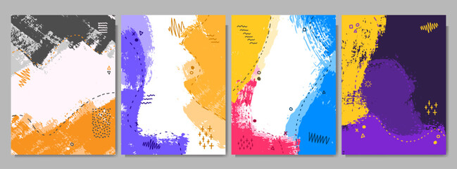 Vector illustration. Color childish background with scribbles. Hand drawn brush strokes composition. Design elements for cover, brochure, magazine, poster, flyer. Trendy abstract colorful style.