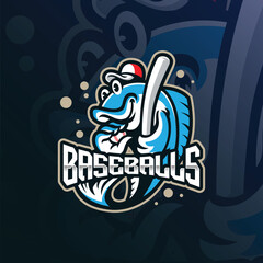 Fish mascot logo design vector with modern illustration concept style for badge, emblem and t shirt printing. Fish baseball illustration with stick in hand.