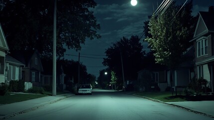 Serene suburban street at night, illuminated by soft streetlights, with houses lining both sides and a lone car parked