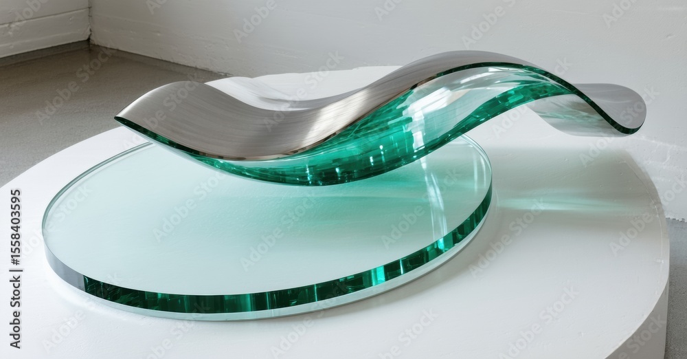 Poster elegant sculpture combines glass, metal. fluid forms create dynamic interplay light, shadow. modern 