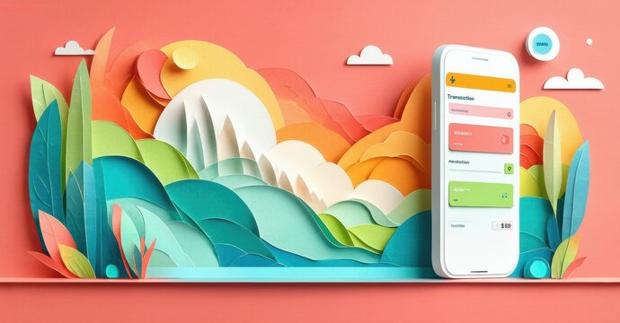 Papercraft landscape with phone displaying financial data. Bright colors, stylized mountains, sun, foliage create whimsical scene.