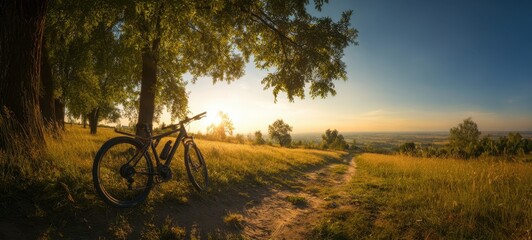 Obraz premium The bike resting on a path under the warm sunset glow in nature.