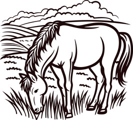 Fototapeta premium Engraved drawing of a horse grazing in a pastoral field with hills and clouds in the background