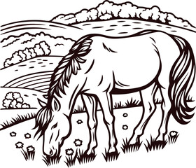 Fototapeta premium Engraved illustration of a grazing horse in a rural landscape with hills, trees, and blooming wildflowers