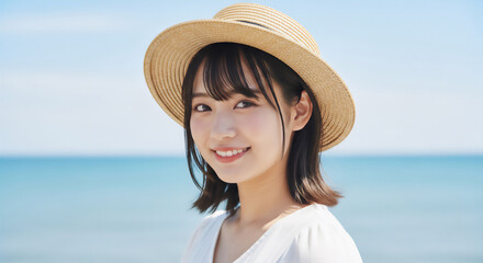 Young Japanese Woman Wearing Straw Hat and White Dress at the Beach