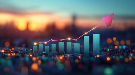Infographic illustration showing business growth, rising arrow trend in blue and green gradient, simple and professional vector style design, marketing strategy and economic success concept.