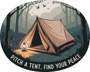 Camping scene depicted with a vintage tent pitched amidst a serene forest. transparent isolated vector
