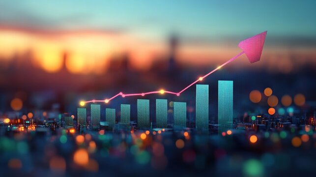 Infographic illustration showing business growth, rising arrow trend in blue and green gradient, simple and professional vector style design, marketing strategy and economic success concept.
