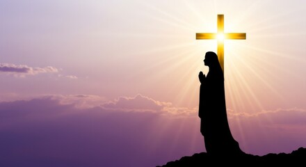 silhouette of Mary praying with a golden cross behind her and heavenly rays, the sky is gradated from purple to white