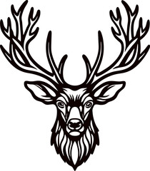 Hand drawn stag head with large antlers in black and white vintage wildlife illustration isolated on white