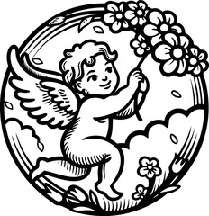 Obraz premium Hand drawn illustration of smiling cherub angel holding flower wreath in circular floral frame