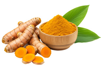 Fresh turmeric root with powder in wooden bowl Isolated on transparent background