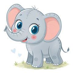 Naklejka premium Cheerful Gray Elephant Cartoon with Big Blue Eyes and Two Hearts on White Background