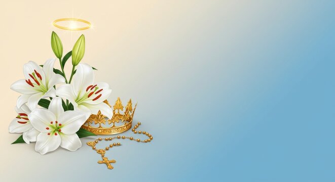 hello, white lilies, gold rosary and Mary's crown are artistically arranged on a soft gradient from ivory to blue