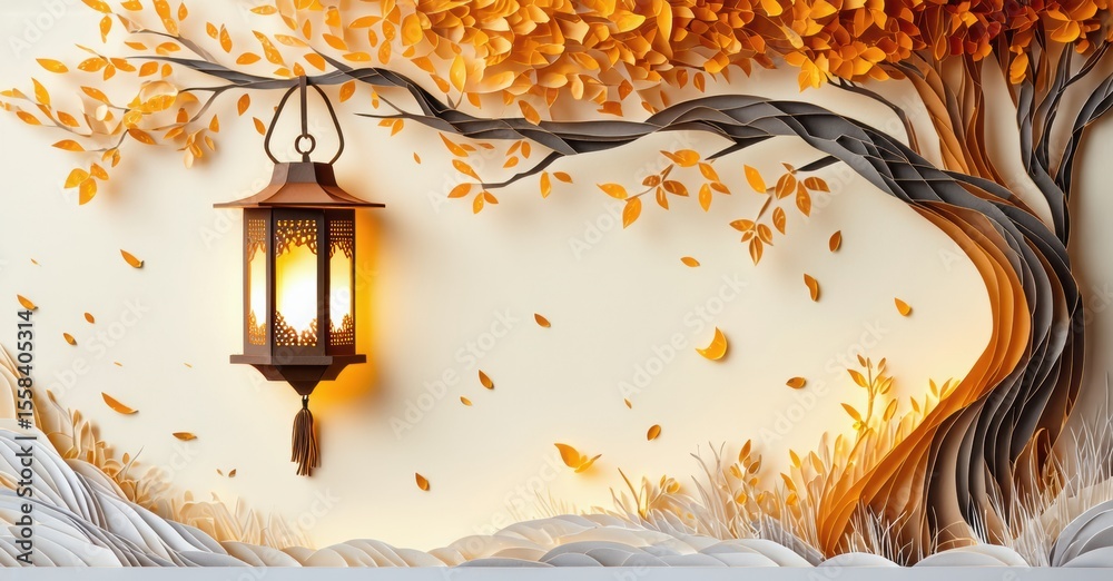 Poster papercraft scene depicts autumn tree, glowing lantern. warm tones create cozy, inviting atmosphere. 