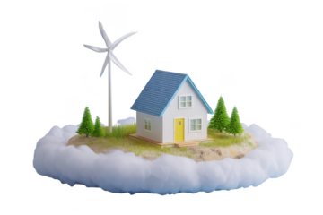 Eco friendly house with wind turbine on a cloud isolated on transparent background