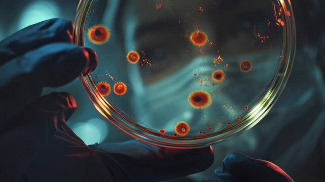 Close-up of female scientist observing bacterial colonies in petri dish, intense laboratory research atmosphere.
