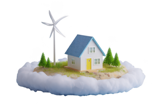 Eco friendly house with wind turbine on a cloud isolated on transparent background - Powered by Adobe