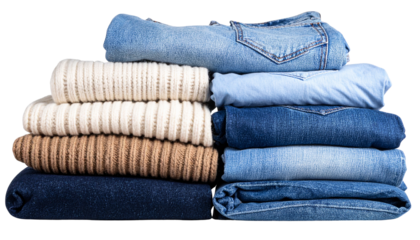 A Pile of folded jeans, sweaters, flannels, and other assorted clothing items