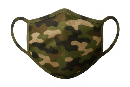 Camouflage protective face mask covering mouth and nose, highlighting tactical outdoor design