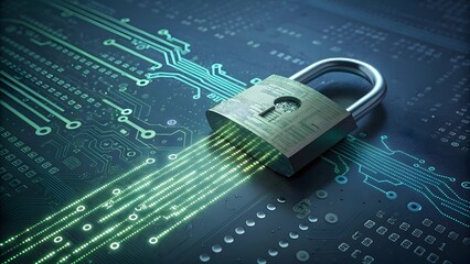 Digital Fortress A gleaming padlock rests on a circuit board, glowing green data streams flowing from its core, symbolizing robust cybersecurity and data protection.