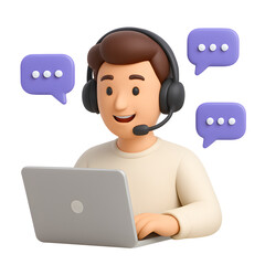3D cartoon man with headset using laptop, customer support agent, purple chat bubbles, communication concept, isolated on pure transparent background