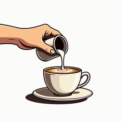 Hand Pouring Milk into a Cup of Coffee Illustration with Creamy Texture and Rich Aroma, Cartoon Style