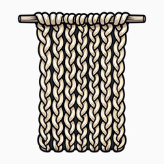 Illustration of a Cream Colored Knitted Scarf Hanging from a Wooden Rod, Detailed Stitch Pattern