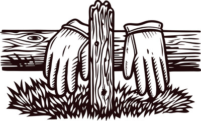 Vintage engraved illustration of garden gloves hanging on wooden fence post in grassy field