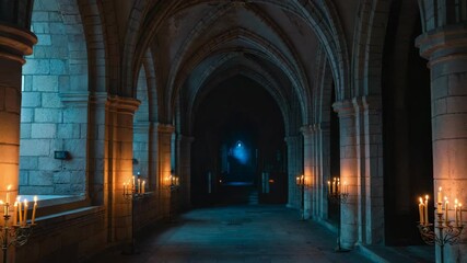 Gothic architecture hallway illuminated by candlelight offers a mysterious and historical atmosphere. - Powered by Adobe