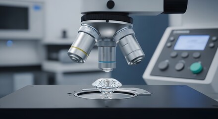 Precise Gemstone Analysis A brilliant diamond under the meticulous examination of a high-powered microscope in a laboratory setting. Expert scrutiny ensures quality.